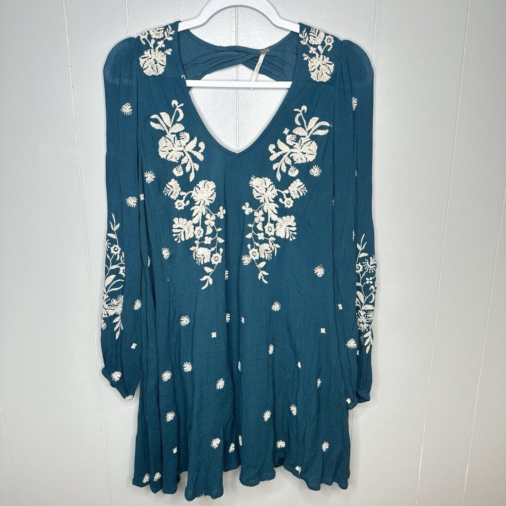 Free People Teal Green Oxford Embroidered Swing Shift Dress Size XS